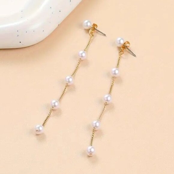 Pearl Earrings Drop Dangle Minimalist Simple Classy Glam Dainty Tassel Stylish - Picture 2 of 5